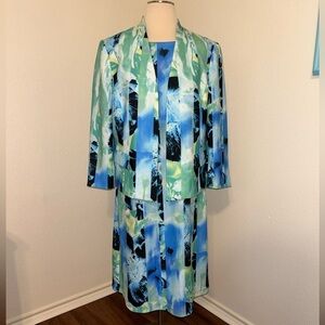 NWOT Kasper Sleeveless Green Blue Dress with Open Front Jacket Size 12